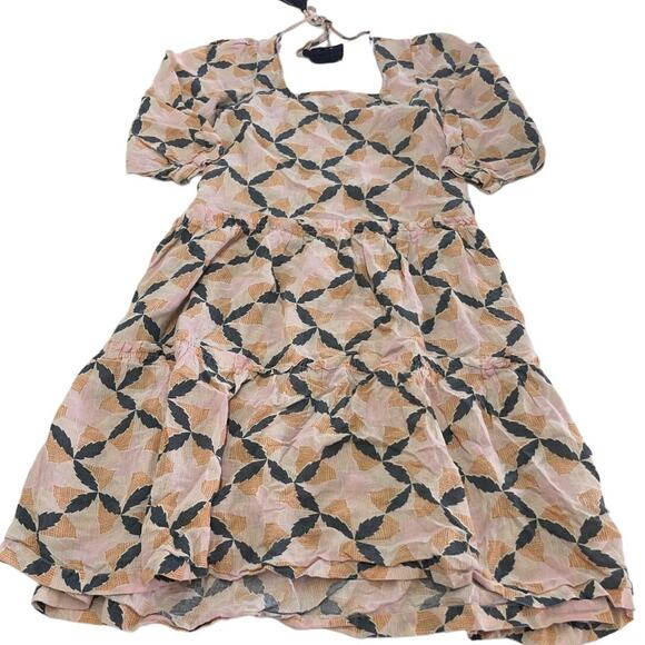 The Odells Dress Womens X Small Pink White Geo Print Lyla Motif Midi Puff Sleeve - Picture 4 of 9
